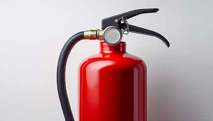 Obraz premium portable red fire extinguisher with metal handle and squeeze grip ready for emergency use on white background
