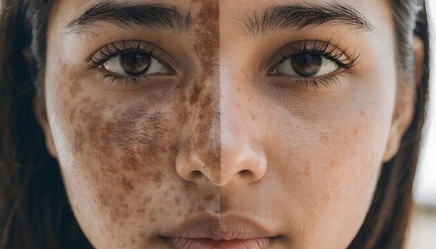 Before and After Melasma Treatment on Split Face, Ultra Realistic Skin Transformation, Hyperpigmentation Removal, Dermatology Skincare Concept