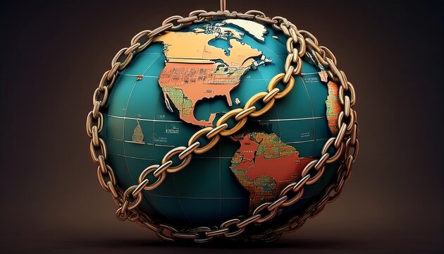 a globe wrapped in heavy chains labeled sanctions and tariffs symbolizing global economic constraints and trade restrictions
