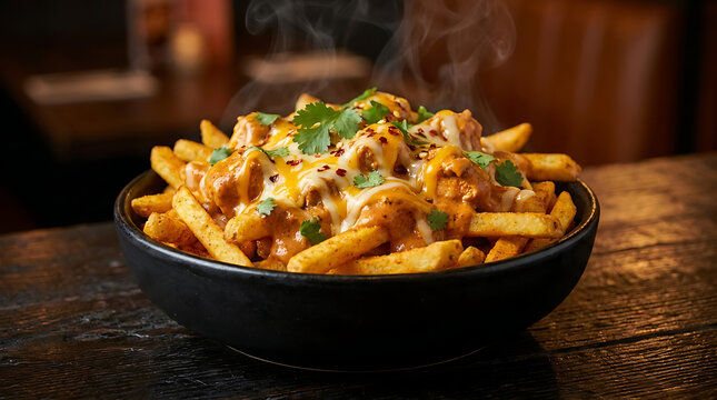 Loaded fries with chicken, melted cheese, and sauce