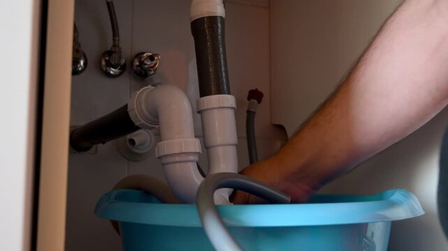 Plumber cleaning clogged sink drain pipe