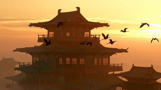 Celestial palace floating above clouds inspired by Chinese mythology, elegant jade architecture illuminated by warm sunset light, cranes flying through golden mist, cinematic, high-detail, serene myth