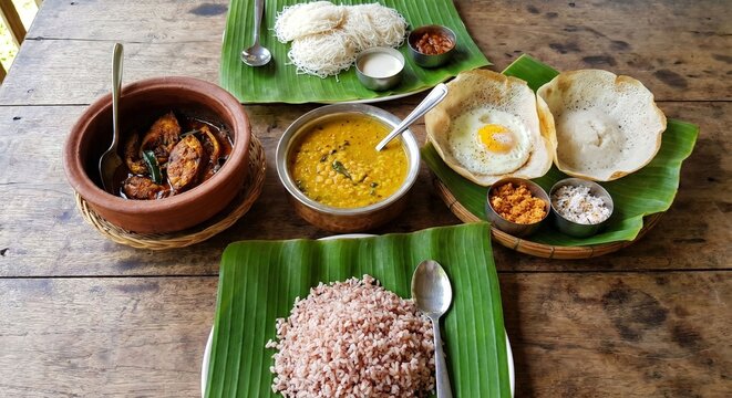 Authentic Sri Lankan breakfast and lunch feast with red rice, string hoppers, egg hoppers, dhal lentil curry, and spicy fish ambul thiyal in a clay pot served on banana leaves over a rustic wooden tab