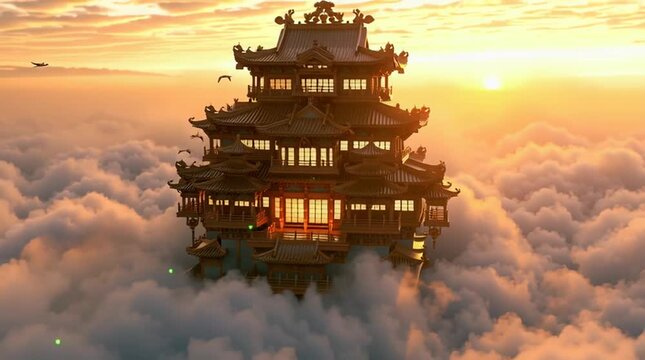 Celestial palace floating above clouds inspired by Chinese mythology, elegant jade architecture illuminated by warm sunset light, cranes flying through golden mist, cinematic, high-detail, serene myth