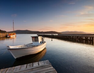 Fototapeta premium tranquil evening at the harbor with fishing boat and jetty