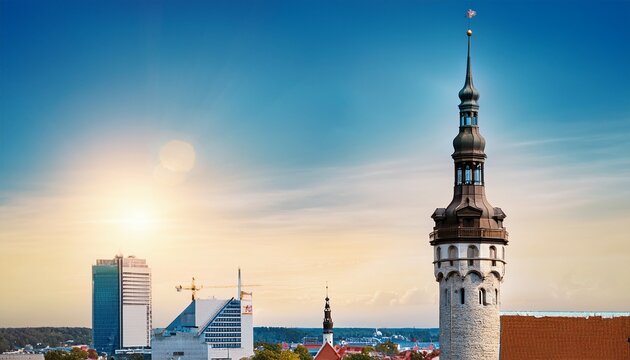 tallinn town hall spire with vana toomas weathervane background with copy space