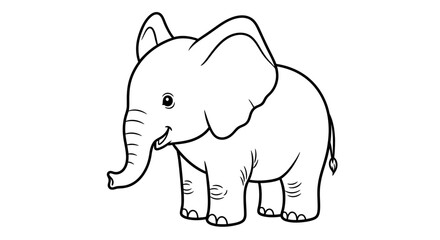 Fototapeta premium A black and white line art sketch depicts a cute baby elephant on a white background.