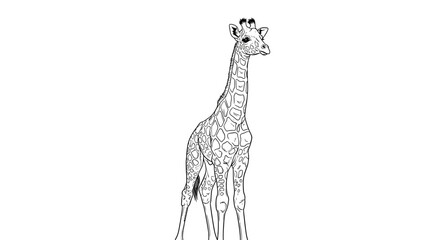 A black and white line art sketch depicts a baby giraffe with a long neck on a simple white background. © Anak