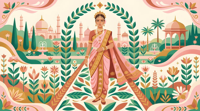 Flat Vector Illustration of Rani Lakshmi Bai in Floral Royal Garden