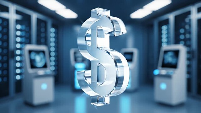 Glass dollar sign icon in futuristic server room setting.