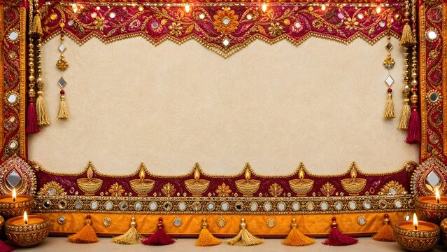 Traditional Diwali Decorative Frame with Diyas and Tassels for Festival Greeting Banner