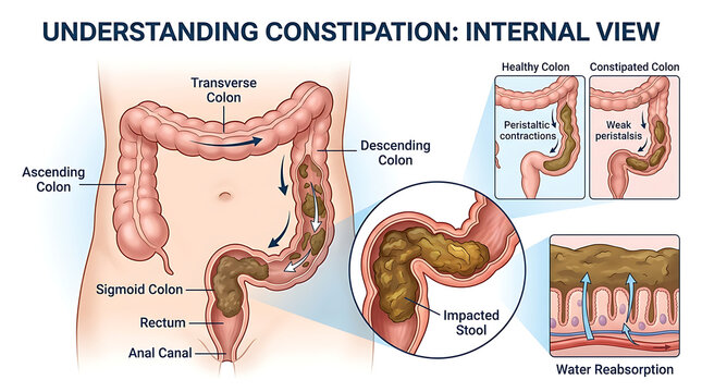 The human digestive system shows internal view of constipation.