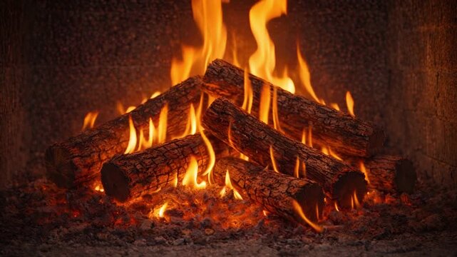 Warm fireplace with glowing logs and vivid flames illuminating a cozy interior. Embers shimmer beneath the wood, creating a tranquil, comforting atmosphere perfect for winter relaxation.