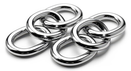 Naklejka premium Polished Chrome Metal Rings Interlocked on White Background - Symbol of Strength, Unity, and Industrial Connection