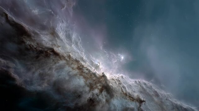 Swirling cosmic nebula in deep space evolving through ethereal clouds and stars. Astronomy visualization of universe phenomenon.