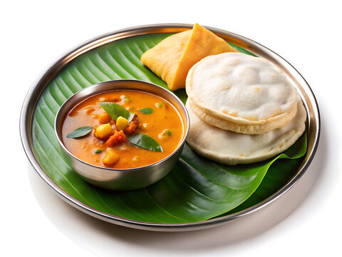 Pathiri with curry on serving plate, Kerala Malabar cuisine, isolated on white background