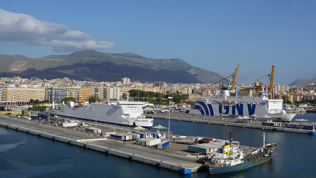 Palermo, Italy - December 18, 2025: Cruise port, GNV ferry in the port of Palermo. Italy