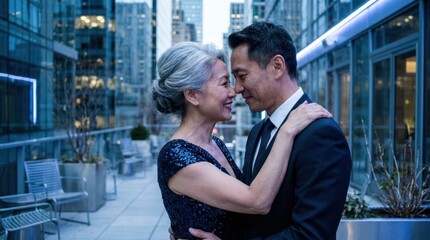 Fototapeta premium Elegant Asian couple embracing on a city rooftop at dusk