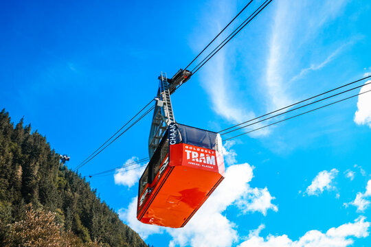red Goldbelt Tram aerial cable car featuring traditional indigenous Tlingit raven artwork, suspended against a dense pine forest backdrop in Juneau, Alaska