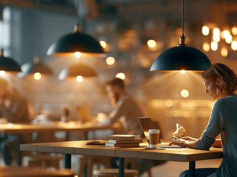 People work in a coffee shop at night with warm lights glowing from hanging lamps and a person focused on their laptop