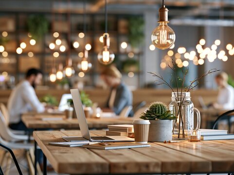 Modern workspace with people working and warm lights in a busy cafe during the day