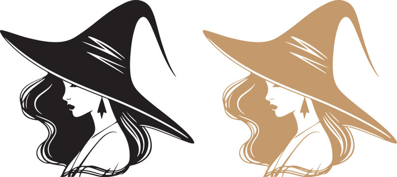 A set of minimalist profile icons featuring a woman wearing a witch hat, available in white and gold styles.