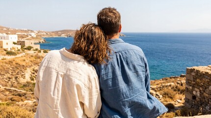 Fototapeta premium Rear View of Couple Illustrating Serene Togetherness and Shared Future on Sunny Mediterranean Coast