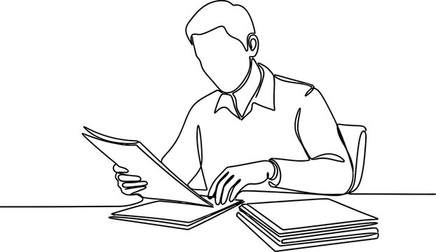 Man Reading Documents at Desk, Continuous Line Drawing