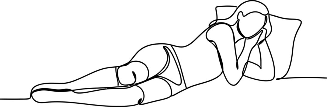 Continuous line drawing of a woman lying on her side on a pillow, relaxed pose, minimalist art