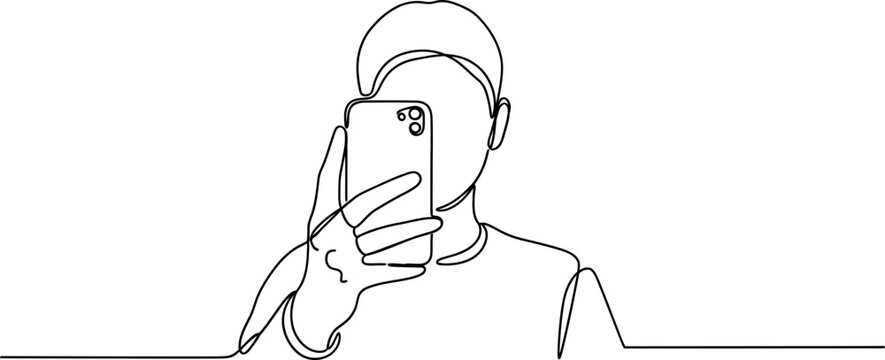 Continuous line drawing of a person taking a selfie with a smartphone, minimalist art