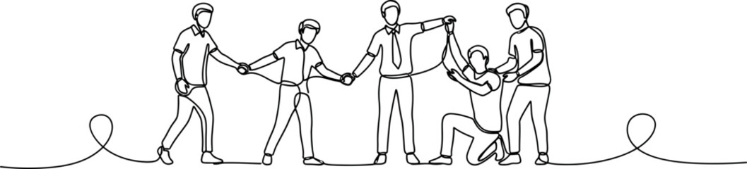 Teamwork and collaboration: people holding hands and a rope in a line drawing style © luminos