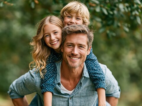 Father plays with his children outdoors in a park during a sunny day, creating joyful moments and smiles