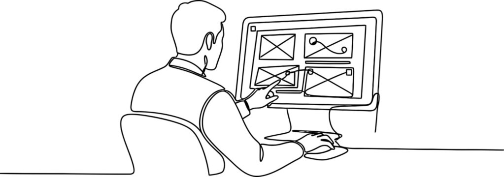 Designer working on computer screen with wireframe interface, single line art