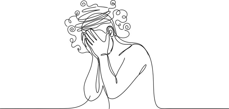 Distressed person with face hidden, one line art, mental health, anxiety, despair