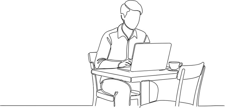 Man working on laptop at cafe table with coffee, continuous line drawing
