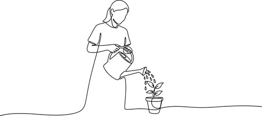 Fototapeta premium Woman watering a plant in a pot with a watering can, continuous line drawing.