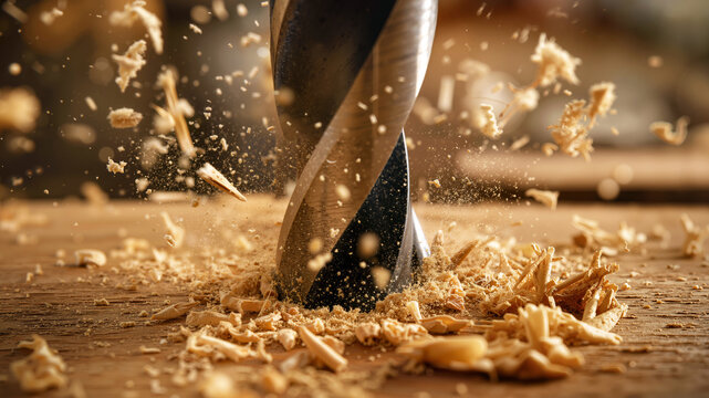 Powerful wood drill bit drilling into timber with flying sawdust in workshop close up