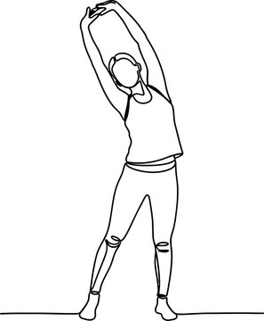 Woman stretching side body, yoga pose, continuous line drawing, fitness illustration