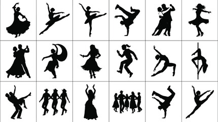 Dance Silhouette Icons of Ballet Ballroom Breakdance Solo and Group Performances Vector Illustration Collection © Hello World