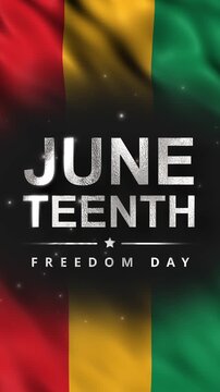 Juneteenth Freedom Day metallic silver text animation with flowing red, yellow, and green background motion vertical video.