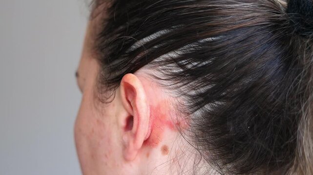 Close-up of skin infection behind the ear showing redness, inflammation, and irritation. Dermatological problem, eczema or fungal infection concept. Medical skincare issue. 