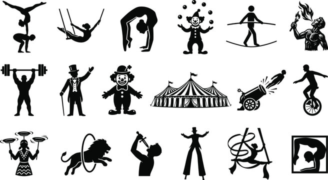 Circus Silhouette Icons of Acrobat Clown Ringmaster Strongman Juggler Tent and Performance Acts Vector Illustration Set