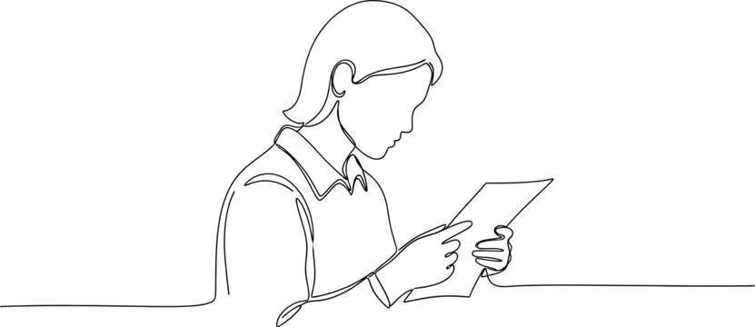 Continuous line drawing of a person reading a document or tablet, focused and thoughtful
