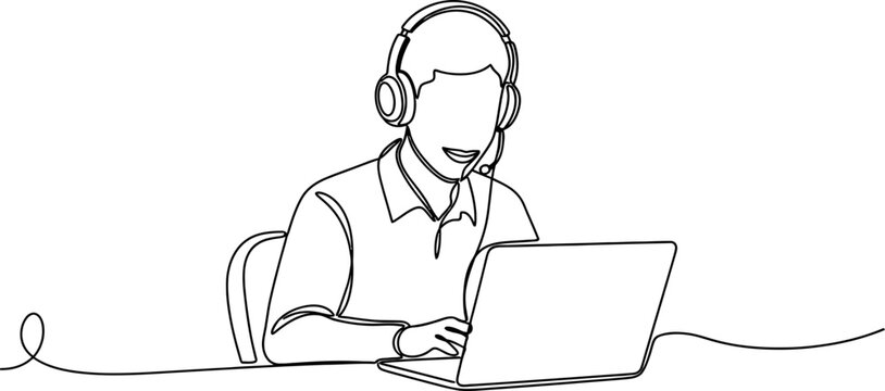 Continuous line drawing of a person with headphones and microphone working on a laptop, representing customer service or remote work.