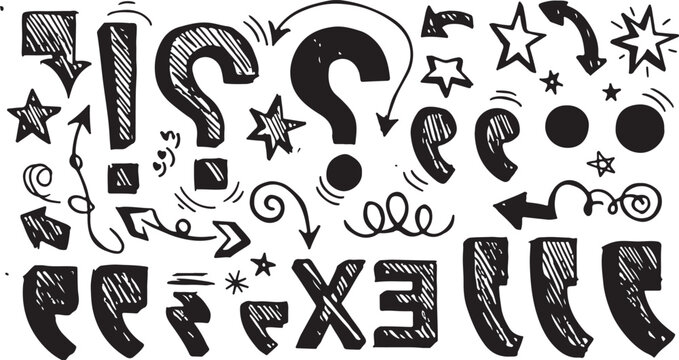 A comprehensive collection of black hand-drawn punctuation marks and accent doodles.