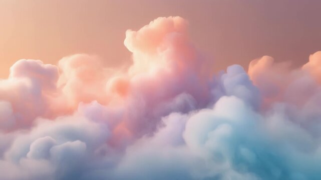 Soft pastel clouds at sunrise, serene sky background with copy space, gradient colors, fluffy white clouds, peaceful morning atmosphere, digital illustration