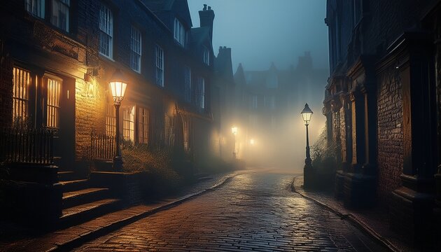 foggy night in a mysterious victorian london alleyway with old stone walls and dimly lit street lamps foggy night abandoned buildings