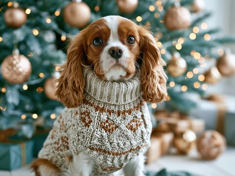 Dog in sweater sits in front of decorated Christmas tree with ornaments and gifts during holiday season