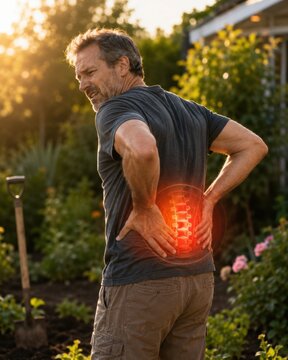 Middle-aged man grimacing in pain in garden, clutching lower back with red glowing circle highlighting intense spine ache, strain or injury. Gardening health problem layout