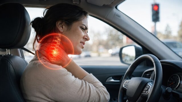 Woman grimacing in pain in car, clutching her neck with red glowing circle highlighting cervical spine strain, whiplash or tension. Driver health problem concept stock photo layout